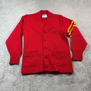 VINTAGE Dehen Varsity Cardigan Mens Small Red Sweater V-Neck Acrylic Tight-Knit